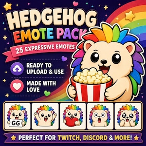 Op de afbeelding: Een digitale kunstafbeelding voor een egel emote pack. De afbeelding toont een cartoon egel met regenboogkleurige stekels die een popcornemmer vasthoudt. Tekst bevat "Hedgehog Emote Pack", "25 Expressive Emotes" en "Perfect for Twitch, Discord & More!"