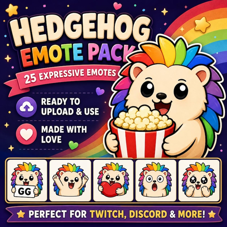Op de afbeelding: Een digitale kunstafbeelding voor een egel emote pack. De afbeelding toont een cartoon egel met regenboogkleurige stekels die een popcornemmer vasthoudt. Tekst bevat "Hedgehog Emote Pack", "25 Expressive Emotes" en "Perfect for Twitch, Discord & More!"