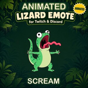 Könnte beinhalten: Eine grüne Echsenfigur mit weit aufgerissenen Augen und offenem Mund mit herausgestreckter langer rosa Zunge, mit dem Text ANIMATED LIZARD EMOTE for Twitch & Discord und dem Wort SCREAM unten, vor einem dunkelgrünen Dschungelblatt-Hintergrund.