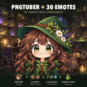 Könnte beinhalten: Eine digitale Illustration einer Figur mit einem grünen Hexenhut, der mit weißen Gänseblümchen und Lavendel verziert ist, braunem Haar und einem grünen Umhang. Der Text lautet PNGTUBER + 30 EMOTES, THE COMPLETE WITCH STREAM BUNDLE, 20 states, 30 EMOTES, 6 SUB BADGES und CHANNEL POINTS.
