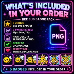 Puede incluir: Gr&aacute;fico digital con borde rosa y azul ne&oacute;n, que anuncia un paquete de insignias de suscripci&oacute;n con tem&aacute;tica de abejas. El texto dice "QU&Eacute; INCLUYE SU PEDIDO" y "PAQUETE DE INSIGNIAS DE SUSCRIPCI&Oacute;N DE ABEJAS". Incluye 6 insignias de suscripci&oacute;n de abejas &uacute;nicas en formato PNG.