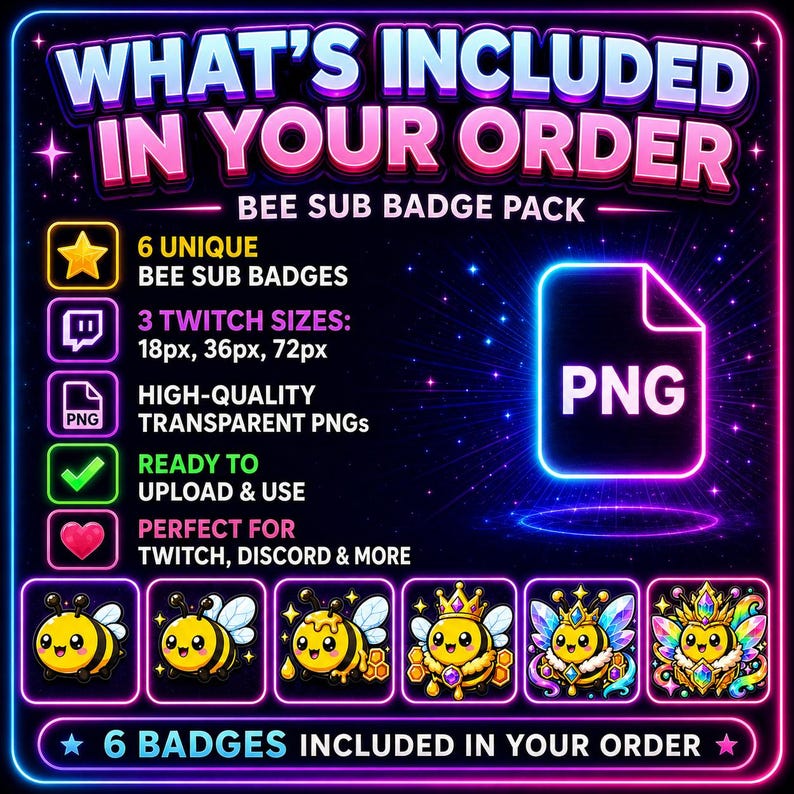 Puede incluir: Gr&aacute;fico digital con borde rosa y azul ne&oacute;n, que anuncia un paquete de insignias de suscripci&oacute;n con tem&aacute;tica de abejas. El texto dice "QU&Eacute; INCLUYE SU PEDIDO" y "PAQUETE DE INSIGNIAS DE SUSCRIPCI&Oacute;N DE ABEJAS". Incluye 6 insignias de suscripci&oacute;n de abejas &uacute;nicas en formato PNG.