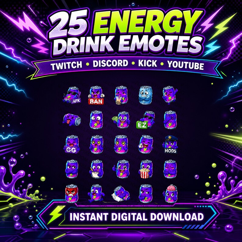 May include: A digital graphic showcasing 25 energy drink emotes. The purple cans have different expressions and text. The image includes the text "25 ENERGY DRINK EMOTES" and platform names like Twitch and Discord. The phrase "INSTANT DIGITAL DOWNLOAD" is also present.