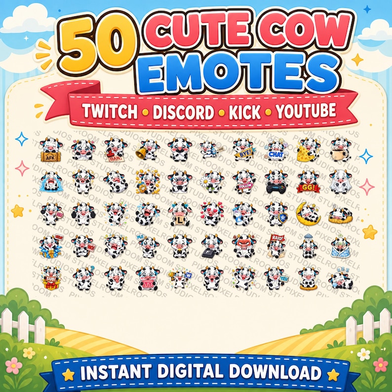 Pu&ograve; includere: Una collezione digitale di 50 emote di mucche con varie espressioni e azioni per Twitch, Discord, Kick e YouTube. La grafica mostra il testo 50 CUTE COW EMOTES e INSTANT DIGITAL DOWNLOAD con uno sfondo di una fattoria in stile cartoon.