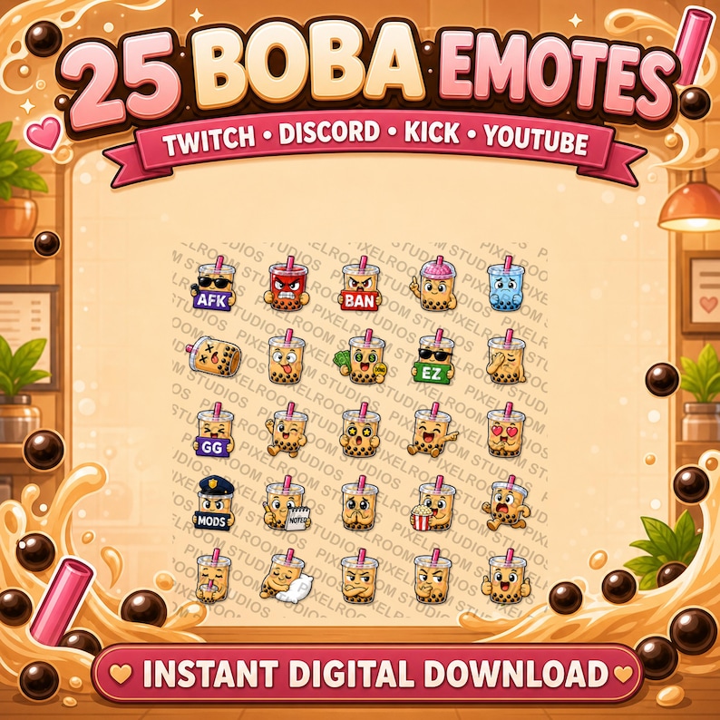 May include: A digital graphic with 25 boba tea emotes for Twitch, Discord, Kick, and YouTube. The cartoon-style emotes display different expressions. The image includes the text "25 BOBA EMOTES!" and "INSTANT DIGITAL DOWNLOAD."