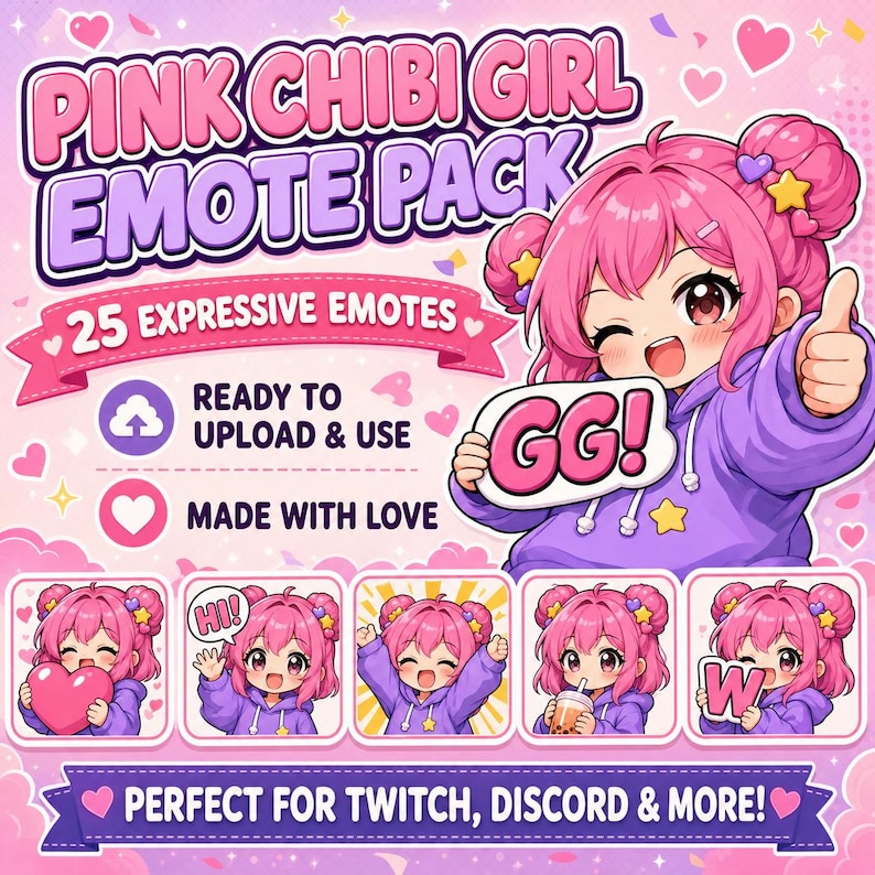 Puede incluir: Gr&aacute;fico de Pink Chibi Girl Emote Pack con una chica de dibujos animados con pelo rosa y una sudadera con capucha morada. La imagen incluye el texto "25 Expressive Emotes", "Ready to Upload & Use" y "Made with Love". La chica sostiene un cartel con "GG!".