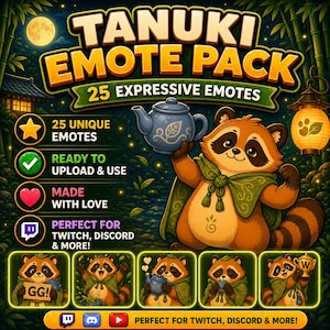 K&ouml;nnte beinhalten: Digitales Kunst-Grafik f&uuml;r ein Tanuki Emote Pack, mit einem Cartoon-Waschb&auml;ren, der eine Teekanne h&auml;lt. Das Bild enth&auml;lt den Text "TANUKI EMOTE PACK" und "25 EXPRESSIVE EMOTES". Zus&auml;tzlicher Text lautet "25 UNIQUE EMOTES", "READY TO UPLOAD & USE" und "MADE WITH LOVE".