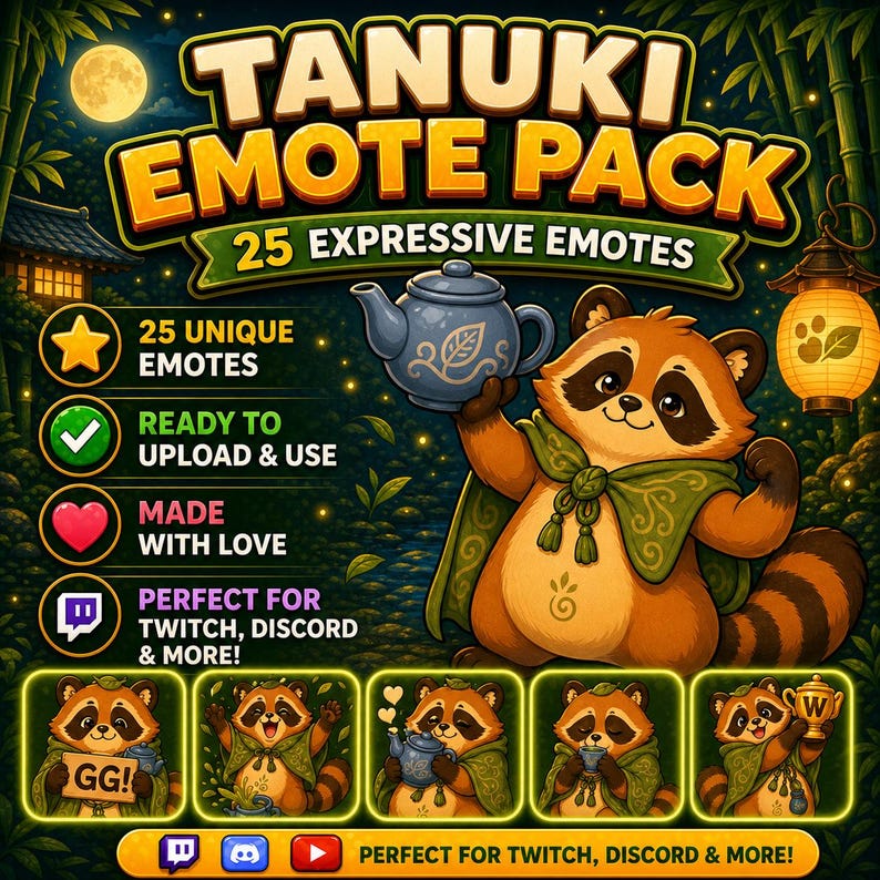 K&ouml;nnte beinhalten: Digitales Kunst-Grafik f&uuml;r ein Tanuki Emote Pack, mit einem Cartoon-Waschb&auml;ren, der eine Teekanne h&auml;lt. Das Bild enth&auml;lt den Text "TANUKI EMOTE PACK" und "25 EXPRESSIVE EMOTES". Zus&auml;tzlicher Text lautet "25 UNIQUE EMOTES", "READY TO UPLOAD & USE" und "MADE WITH LOVE".