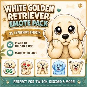May include: A digital art pack showcasing a cartoon white Golden Retriever with diverse emotive expressions. The pack contains 25 emotes, ready to upload and use. The text reads "White Golden Retriever Emote Pack" and "Perfect for Twitch, Discord & More!"