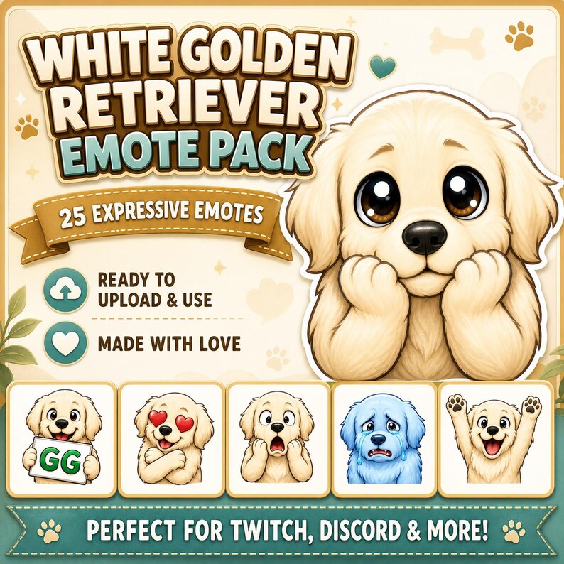 May include: A digital art pack showcasing a cartoon white Golden Retriever with diverse emotive expressions. The pack contains 25 emotes, ready to upload and use. The text reads "White Golden Retriever Emote Pack" and "Perfect for Twitch, Discord & More!"