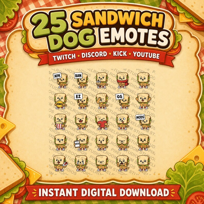 K&ouml;nnte beinhalten: Ein digitaler Download mit 25 Cartoon-Hunde-Emotes, die als Sandwiches gestaltet sind. Die Emotes sind f&uuml;r Twitch, Discord, Kick und YouTube. Das Bild hat einen Sandwich-Themenrand und den Text "Sofortiger digitaler Download."