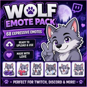 May include: An advertisement for a "WOLF EMOTE PACK" with a cartoon wolf. The pack includes 68 expressive emotes, ready to upload and use. The background is dark purple with a full moon and trees. Text reads "Perfect for Twitch, Discord & More!"