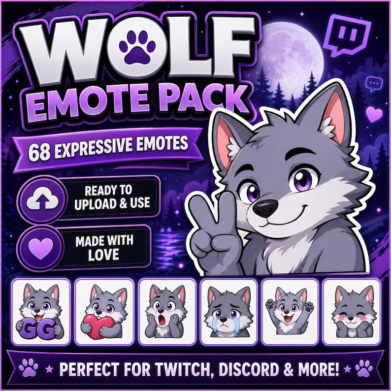 May include: An advertisement for a "WOLF EMOTE PACK" with a cartoon wolf. The pack includes 68 expressive emotes, ready to upload and use. The background is dark purple with a full moon and trees. Text reads "Perfect for Twitch, Discord & More!"