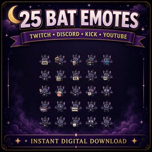 K&ouml;nnte beinhalten: Digitales Bild mit 25 Fledermaus-Emotes f&uuml;r Twitch, Discord, Kick und YouTube. Die lila Flederm&auml;use tragen Hexenh&uuml;te und haben verschiedene Ausdr&uuml;cke, halten Gegenst&auml;nde. Der Text lautet "25 BAT EMOTES" und "INSTANT DIGITAL DOWNLOAD".