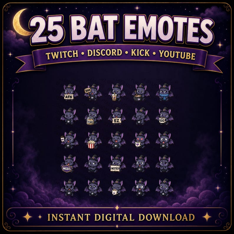 K&ouml;nnte beinhalten: Digitales Bild mit 25 Fledermaus-Emotes f&uuml;r Twitch, Discord, Kick und YouTube. Die lila Flederm&auml;use tragen Hexenh&uuml;te und haben verschiedene Ausdr&uuml;cke, halten Gegenst&auml;nde. Der Text lautet "25 BAT EMOTES" und "INSTANT DIGITAL DOWNLOAD".