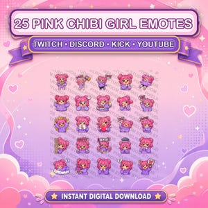 Puede incluir: Gr&aacute;fico de descarga digital con 25 emotes de chicas chibi rosas. Dise&ntilde;ado para Twitch, Discord, Kick y YouTube. La imagen tiene un esquema de color rosa y morado con el texto "Instant Digital Download".