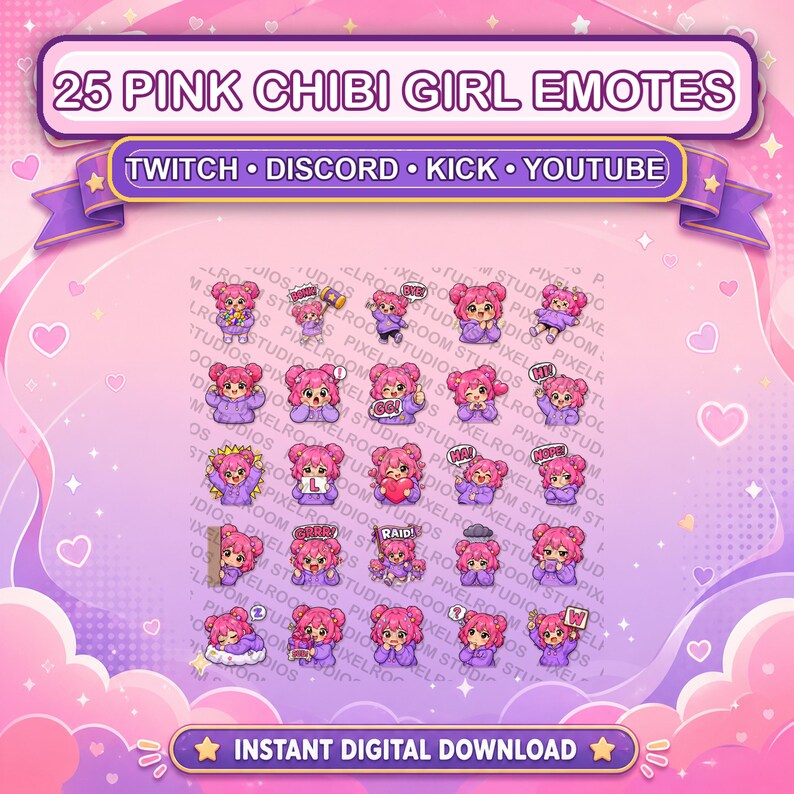 Puede incluir: Gr&aacute;fico de descarga digital con 25 emotes de chicas chibi rosas. Dise&ntilde;ado para Twitch, Discord, Kick y YouTube. La imagen tiene un esquema de color rosa y morado con el texto "Instant Digital Download".