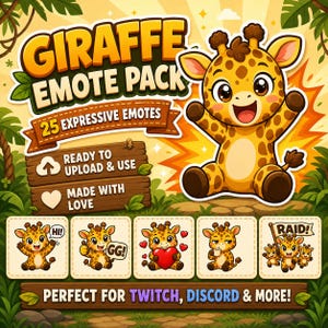 Puede incluir: Gr&aacute;fico digital con una jirafa de dibujos animados alegre, rodeada de texto que dice "GIRAFFE EMOTE PACK" y "25 EXPRESSIVE EMOTES". Incluye ejemplos de emoticonos con diversas expresiones. Tambi&eacute;n est&aacute; presente el texto "READY TO UPLOAD & USE" y "MADE WITH LOVE".