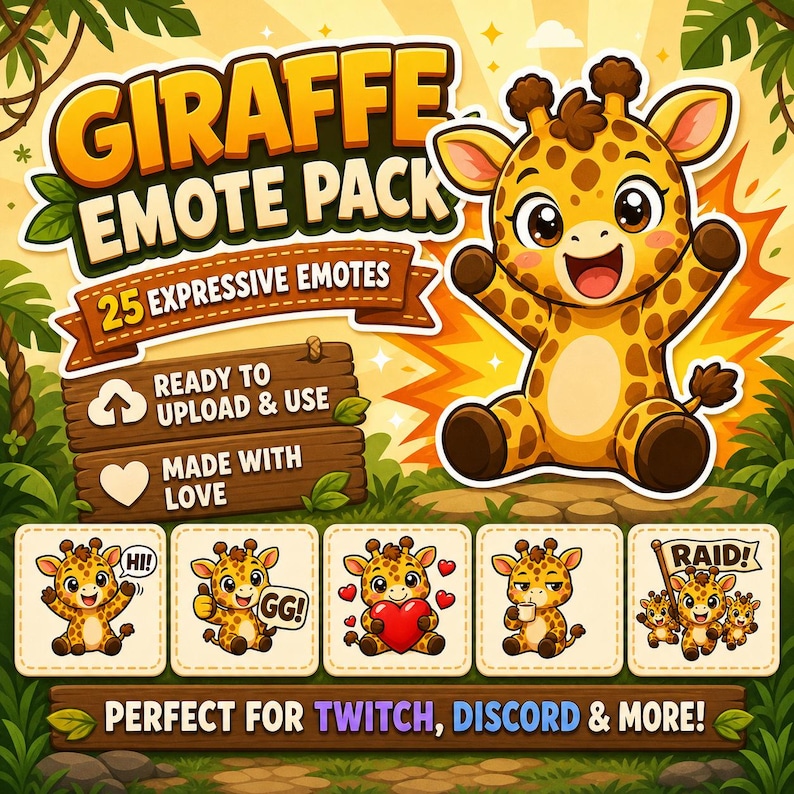 Puede incluir: Gr&aacute;fico digital con una jirafa de dibujos animados alegre, rodeada de texto que dice "GIRAFFE EMOTE PACK" y "25 EXPRESSIVE EMOTES". Incluye ejemplos de emoticonos con diversas expresiones. Tambi&eacute;n est&aacute; presente el texto "READY TO UPLOAD & USE" y "MADE WITH LOVE".
