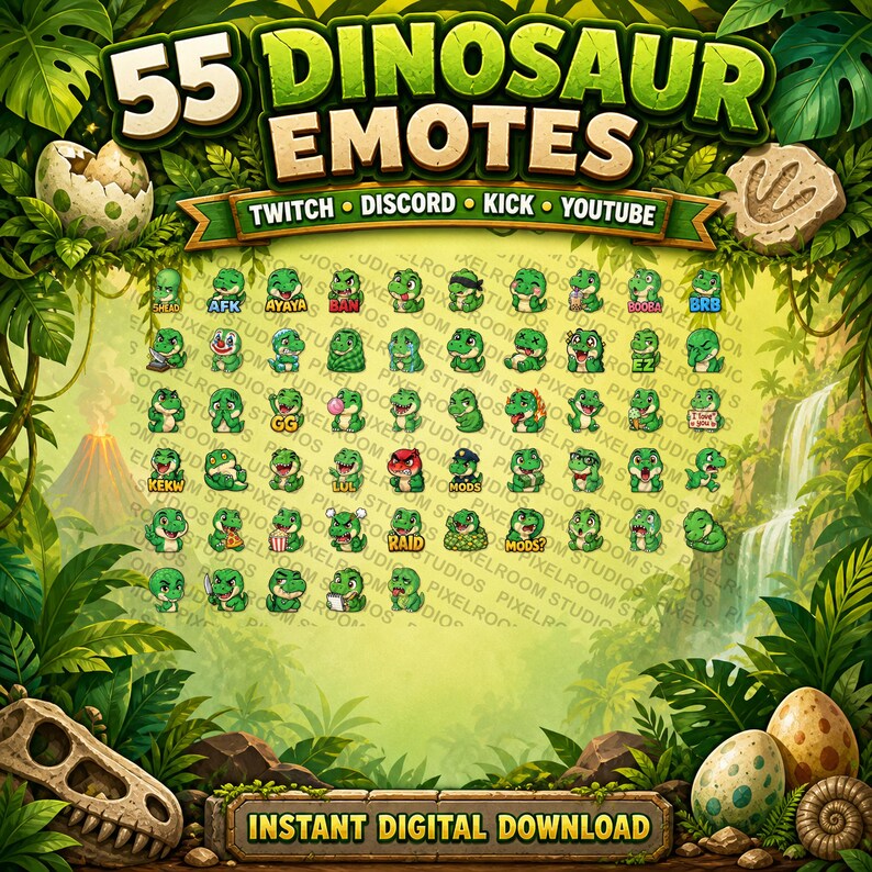 Pode incluir: Download digital com 55 emotes de dinossauros verdes. A imagem inclui o texto "55 Emotes de Dinossauro" e "Twitch, Discord, Kick, YouTube". O fundo &eacute; uma cena de selva com ovos de dinossauro e um cr&acirc;nio.