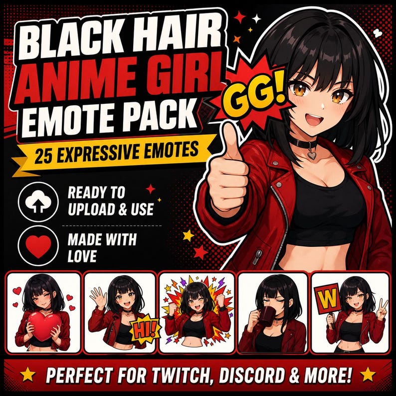 K&ouml;nnte beinhalten: Grafik f&uuml;r ein Black Hair Anime Girl Emote Pack. Das Bild zeigt ein l&auml;chelndes Anime-M&auml;dchen mit schwarzen Haaren und einer roten Jacke, das einen Daumen hoch zeigt. Das Paket enth&auml;lt 25 ausdrucksstarke Emotes, die zum Hochladen und Verwenden bereit sind.