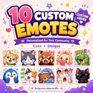 K&ouml;nnte beinhalten: Werbegrafik f&uuml;r benutzerdefinierte Emotes, mit zehn einzigartigen Designs von niedlichen Tieren und Charakteren. Der Text lautet "10 Custom Emotes" und "Personalisiert f&uuml;r Ihre Community". Das Design ist farbenfroh und verspielt.
