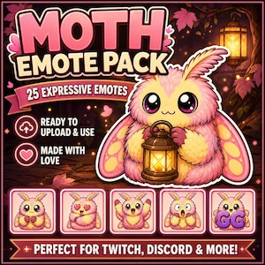 Puede incluir: Gr&aacute;fico digital para un "Moth Emote Pack" con una linda polilla de dibujos animados sosteniendo una linterna. El paquete incluye 25 emotes expresivos, listos para cargar y usar. El dise&ntilde;o es rosa y amarillo con el texto "Perfect for Twitch, Discord & More!"