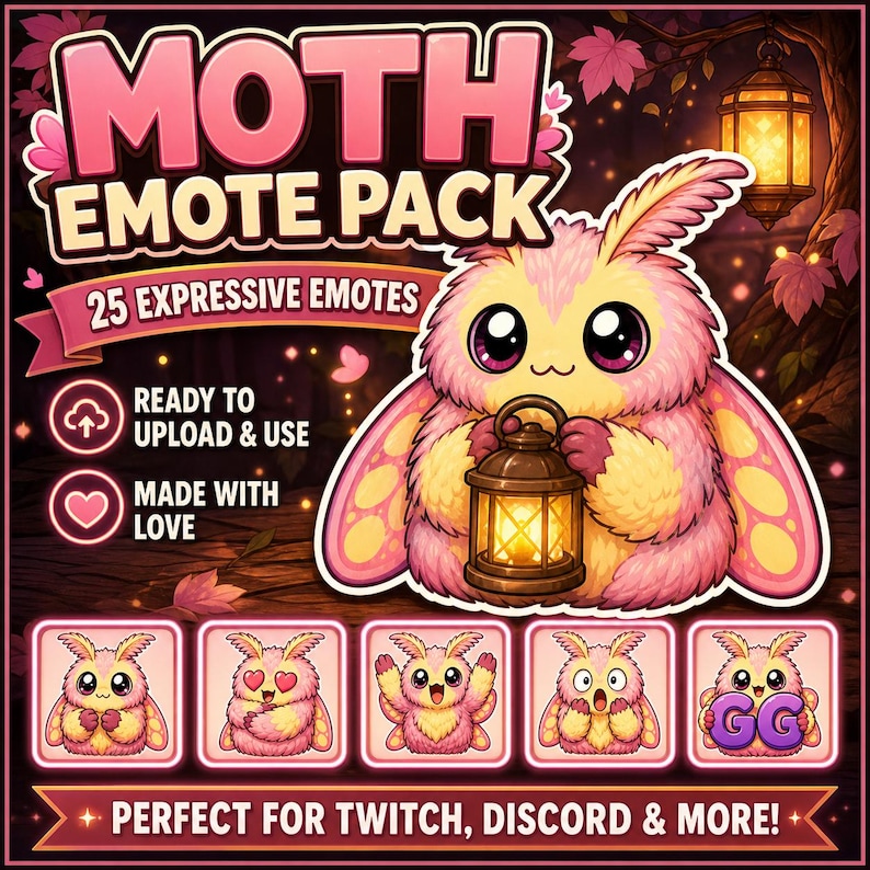 Puede incluir: Gr&aacute;fico digital para un "Moth Emote Pack" con una linda polilla de dibujos animados sosteniendo una linterna. El paquete incluye 25 emotes expresivos, listos para cargar y usar. El dise&ntilde;o es rosa y amarillo con el texto "Perfect for Twitch, Discord & More!"