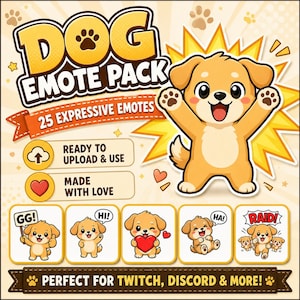 Op de afbeelding: Een cartoonafbeelding die een honden-emotiepack promoot. De titel "DOG EMOTE PACK" staat in grote, gele letters. De afbeelding toont een vrolijke cartoonhond met opgeheven armen en verschillende kleinere honden-emotes met verschillende uitdrukkingen. Tekst bevat "25 EXPRESSIVE EMOTES."