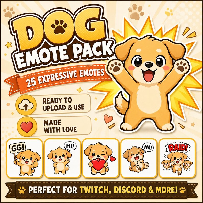 Op de afbeelding: Een cartoonafbeelding die een honden-emotiepack promoot. De titel "DOG EMOTE PACK" staat in grote, gele letters. De afbeelding toont een vrolijke cartoonhond met opgeheven armen en verschillende kleinere honden-emotes met verschillende uitdrukkingen. Tekst bevat "25 EXPRESSIVE EMOTES."