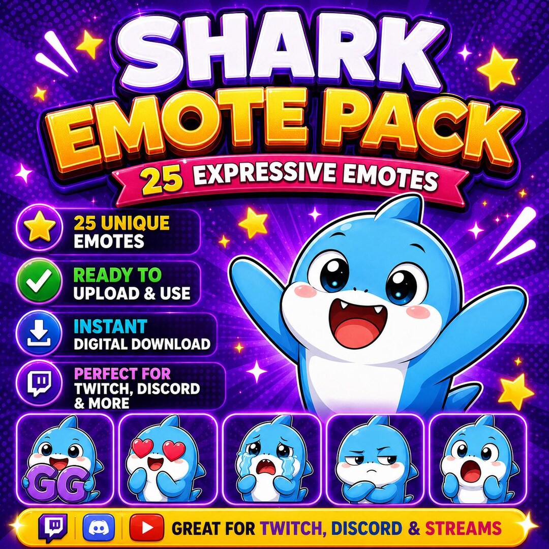 25 Cute Shark Emote Pack for Twitch and Discord Streamers | Chibi ...