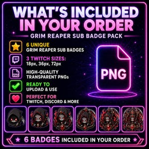 Op de afbeelding: Een promotionele afbeelding voor een Grim Reaper sub badge pack. De afbeelding bevat tekst die luidt "Wat is inbegrepen in uw bestelling" en "6 badges inbegrepen in uw bestelling". De afbeelding bevat ook zes unieke Grim Reaper sub badges, een PNG-bestandspictogram en tekst over de formaten en het gebruik.