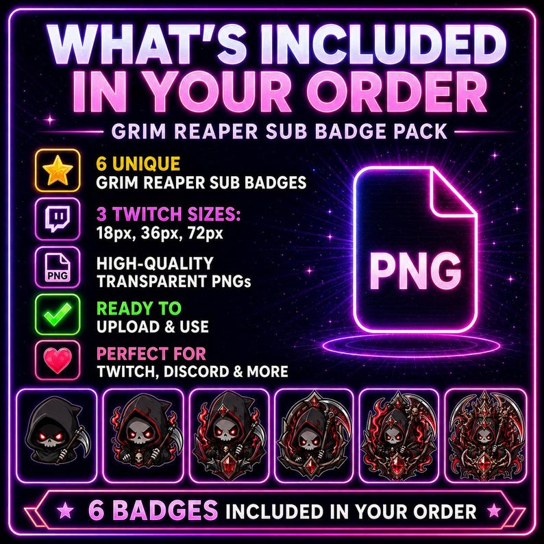 Op de afbeelding: Een promotionele afbeelding voor een Grim Reaper sub badge pack. De afbeelding bevat tekst die luidt "Wat is inbegrepen in uw bestelling" en "6 badges inbegrepen in uw bestelling". De afbeelding bevat ook zes unieke Grim Reaper sub badges, een PNG-bestandspictogram en tekst over de formaten en het gebruik.