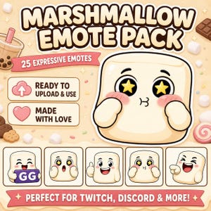 May include: A digital graphic of a marshmallow character with star eyes and rosy cheeks. The image includes the text "MARSHMALLOW EMOTE PACK" and "25 EXPRESSIVE EMOTES". Additional text reads "READY TO UPLOAD & USE" and "MADE WITH LOVE".