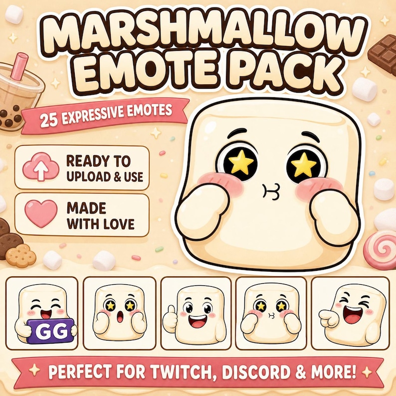 May include: A digital graphic of a marshmallow character with star eyes and rosy cheeks. The image includes the text "MARSHMALLOW EMOTE PACK" and "25 EXPRESSIVE EMOTES". Additional text reads "READY TO UPLOAD & USE" and "MADE WITH LOVE".