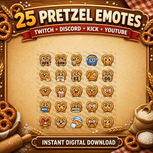 Pode incluir: Download digital com 25 emotes de pretzel com v&aacute;rias express&otilde;es. A imagem inclui o texto "25 PRETZEL EMOTES" e "DOWNLOAD DIGITAL INSTANT&Acirc;NEO". Projetado para Twitch, Discord, Kick e YouTube.