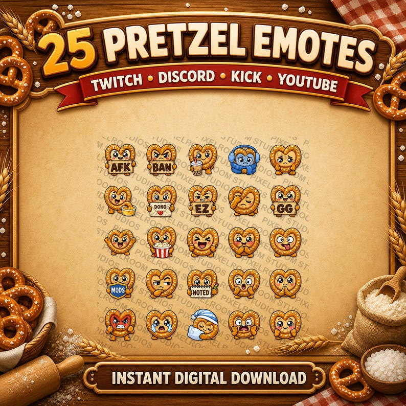 Pode incluir: Download digital com 25 emotes de pretzel com v&aacute;rias express&otilde;es. A imagem inclui o texto "25 PRETZEL EMOTES" e "DOWNLOAD DIGITAL INSTANT&Acirc;NEO". Projetado para Twitch, Discord, Kick e YouTube.