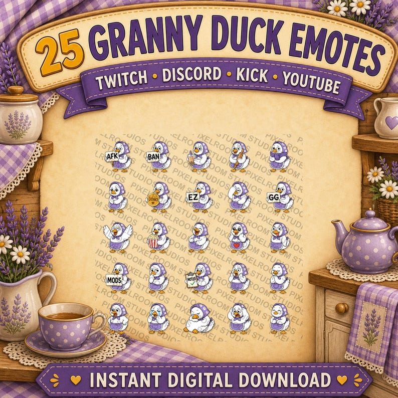 Op de afbeelding: Een digitale afbeelding met 25 Granny Duck emotes. Elke emote toont een eend met een paarse muts en sjaal, met verschillende uitdrukkingen. De afbeelding bevat de tekst "25 Granny Duck Emotes" en "Instant Digital Download".