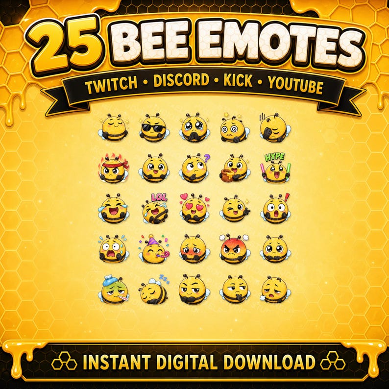 Pu&ograve; includere: Grafica digitale con 25 emoticon a forma di ape con varie espressioni. Le emoticon gialle e nere mostrano diverse emozioni e accessori. Il testo include "25 BEE EMOTES" e i nomi delle piattaforme: Twitch, Discord, Kick e YouTube. Il banner inferiore recita "INSTANT DIGITAL DOWNLOAD."