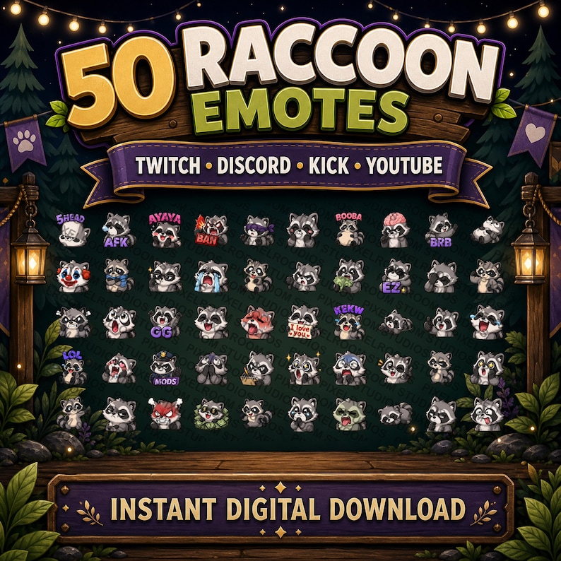 Raccoon Emote Pack for Twitch and Discord | 50 Cute Trash Panda Reactions image 2