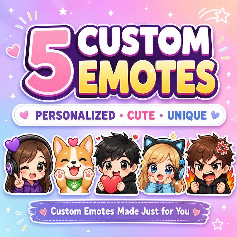 Op de afbeelding: Een promotionele afbeelding voor aangepaste emotes. De tekst luidt "5 Custom Emotes" in roze en paars. Hieronder staan de woorden "Gepersonaliseerd, Schattig, Uniek". Er worden vijf cartoon-emotes getoond, elk met een uniek ontwerp.