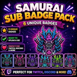 Puede incluir: Un paquete gr&aacute;fico digital con insignias de suscripci&oacute;n con tem&aacute;tica de samur&aacute;i. El dise&ntilde;o incluye una ilustraci&oacute;n central de samur&aacute;i en azul, rosa y negro, con seis variaciones de insignias &uacute;nicas debajo. El texto incluye "SAMURAI SUB BADGE PACK" y "6 UNIQUE BADGES".