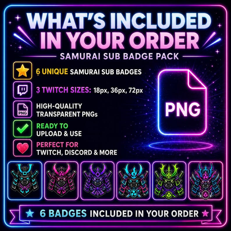 Puede incluir: Gr&aacute;fico digital con borde azul y morado ne&oacute;n, que anuncia un 'PACK DE INSIGNIAS DE SUSCRIPCI&Oacute;N SAMUR&Aacute;I'. La imagen detalla seis insignias de suscripci&oacute;n samur&aacute;i &uacute;nicas, tres tama&ntilde;os de Twitch, PNG transparentes de alta calidad, listos para usar.