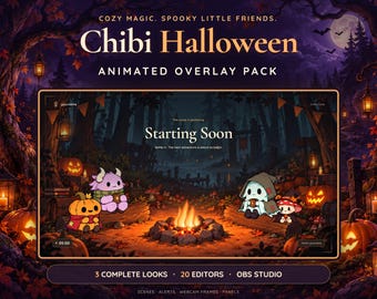 ちびハロウィン配信オーバーレイパック｜アニメーションOBSオーバーレイ、Twitchパネル、アラート＆トランジション｜3スタイル