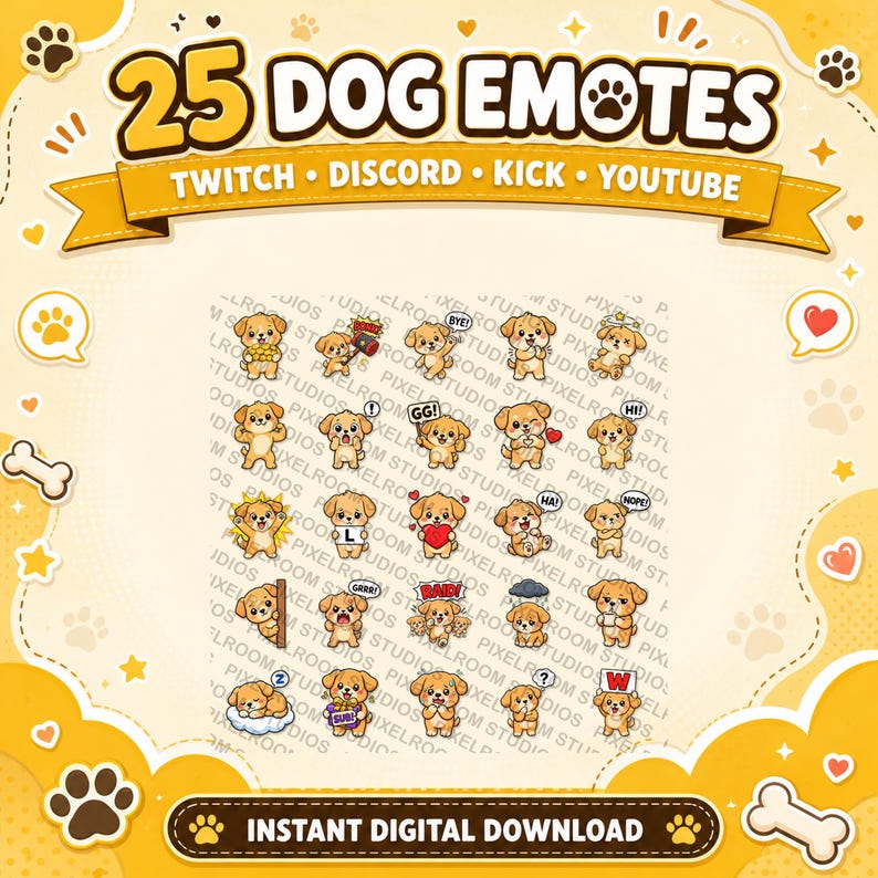 Op de afbeelding: Een digitale downloadafbeelding met 25 honden-emotes voor Twitch, Discord, Kick en YouTube. De emotes tonen een cartoonhond met verschillende uitdrukkingen en acties. De afbeelding bevat de tekst "25 DOG EMOTES" en "INSTANT DIGITAL DOWNLOAD".