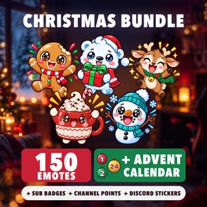 Puede incluir: Un gráfico de paquete navideño con cinco personajes de dibujos animados: un hombre de jengibre, un oso polar con regalo, un reno, una taza de chocolate caliente y un muñeco de nieve. Texto: CHRISTMAS BUNDLE, 150 EMOTES, + ADVENT CALENDAR, + SUB BADGES + CHANNEL POINTS + DISCORD STICKERS.