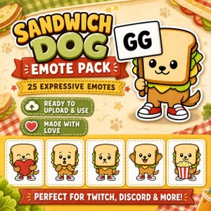 K&ouml;nnte beinhalten: Digitales Grafikdesign f&uuml;r ein "Sandwich Dog Emote Pack" mit 25 ausdrucksstarken Emotes. Das Hauptbild zeigt einen als Sandwich gestalteten Hund, der ein Schild mit "GG" h&auml;lt. Zus&auml;tzliche Emotes zeigen den Hund mit verschiedenen Ausdr&uuml;cken.