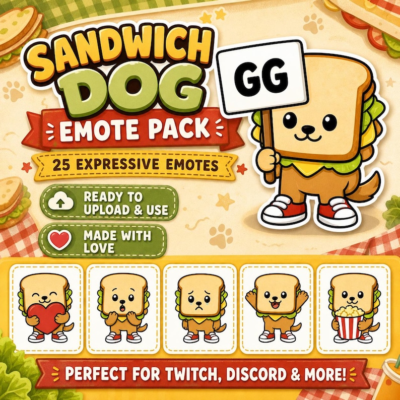K&ouml;nnte beinhalten: Digitales Grafikdesign f&uuml;r ein "Sandwich Dog Emote Pack" mit 25 ausdrucksstarken Emotes. Das Hauptbild zeigt einen als Sandwich gestalteten Hund, der ein Schild mit "GG" h&auml;lt. Zus&auml;tzliche Emotes zeigen den Hund mit verschiedenen Ausdr&uuml;cken.