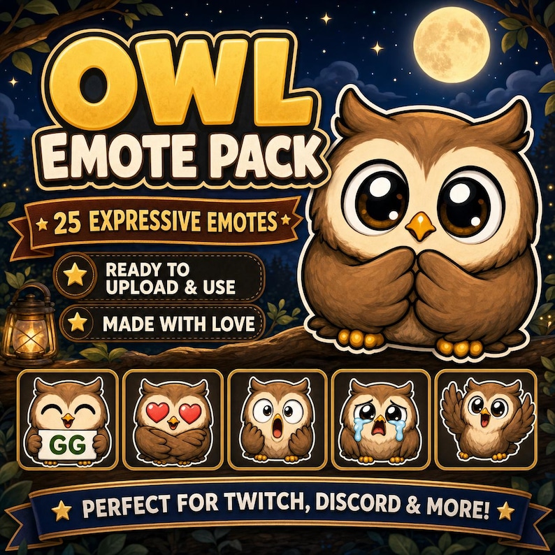 K&ouml;nnte beinhalten: Grafik f&uuml;r ein "OWL EMOTE PACK" mit einer Cartoon-Eule und mehreren kleineren Emojis. Die Haupteule ist braun mit gro&szlig;en Augen. Der Text enth&auml;lt "25 EXPRESSIVE EMOTES", "READY TO UPLOAD & USE" und "MADE WITH LOVE". Das Banner lautet "PERFECT FOR TWITCH, DISCORD & MORE!"