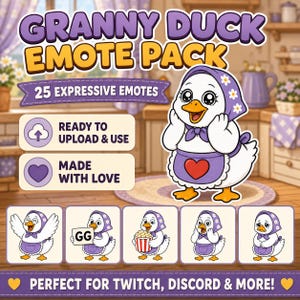 Op de afbeelding: Een digitale afbeelding met het "Granny Duck Emote Pack", met een cartoon eend met een paarse muts en schort. Het pakket bevat 25 expressieve emotes, klaar om te uploaden en te gebruiken. De tekst "Perfect for Twitch, Discord & More!" is ook inbegrepen.
